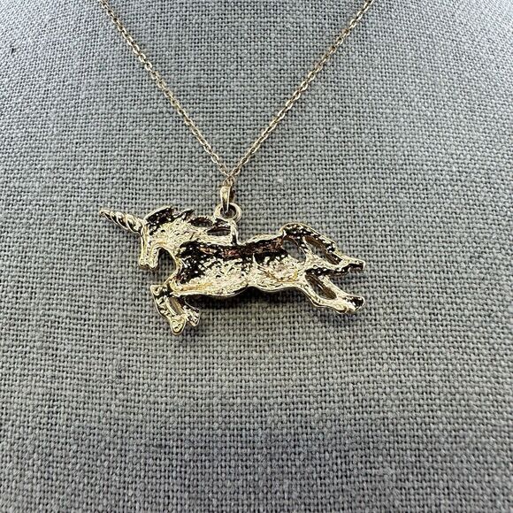 Unicorn Pendant Necklace Rhinestone Gold Tone 1-3/4" Pave Crystal 15" GF Chain - Picture 8 of 11